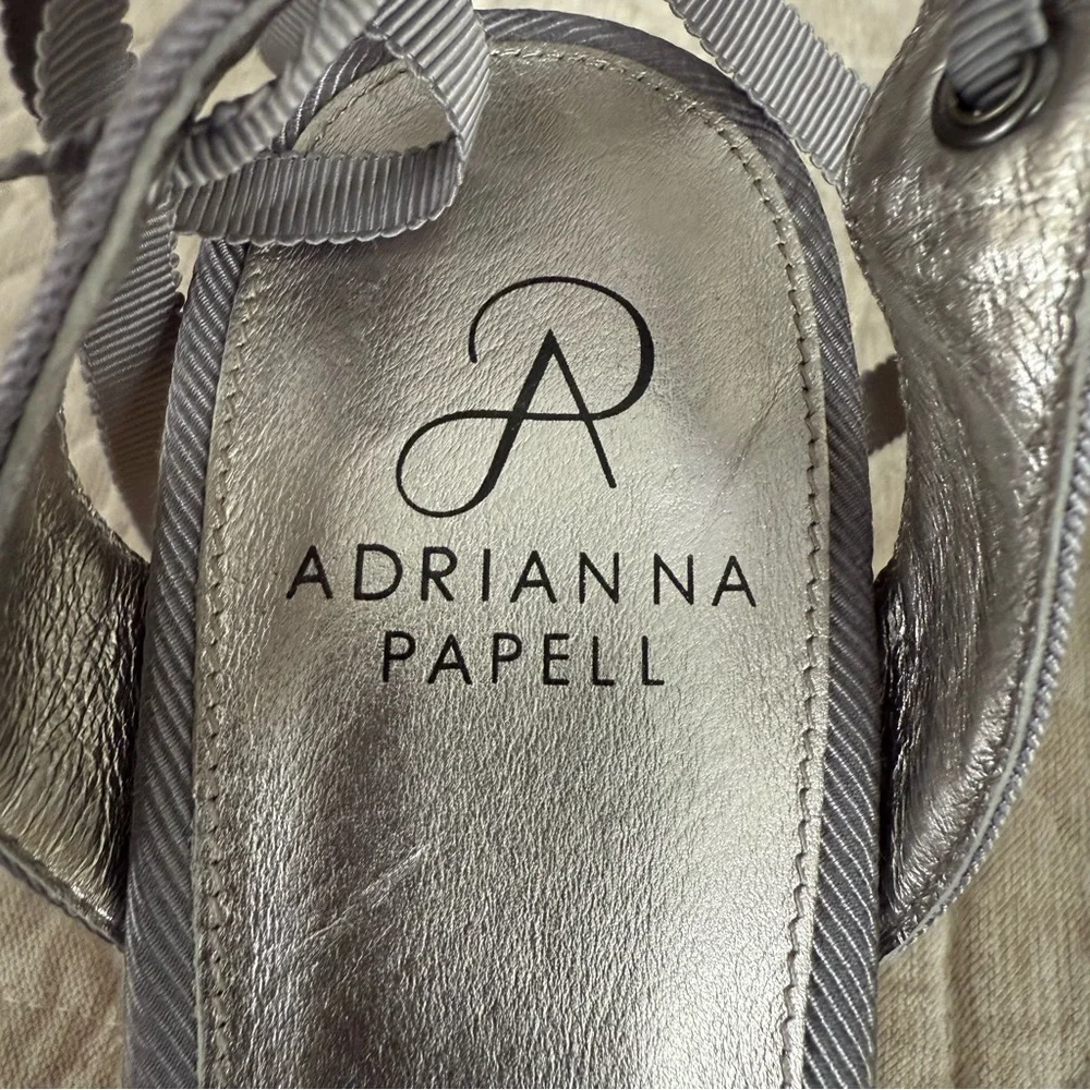 NWOB Adrianna Papell Silver Penny Espadrille Wedge Lace Up Ribbon Ankle Tie 8.5